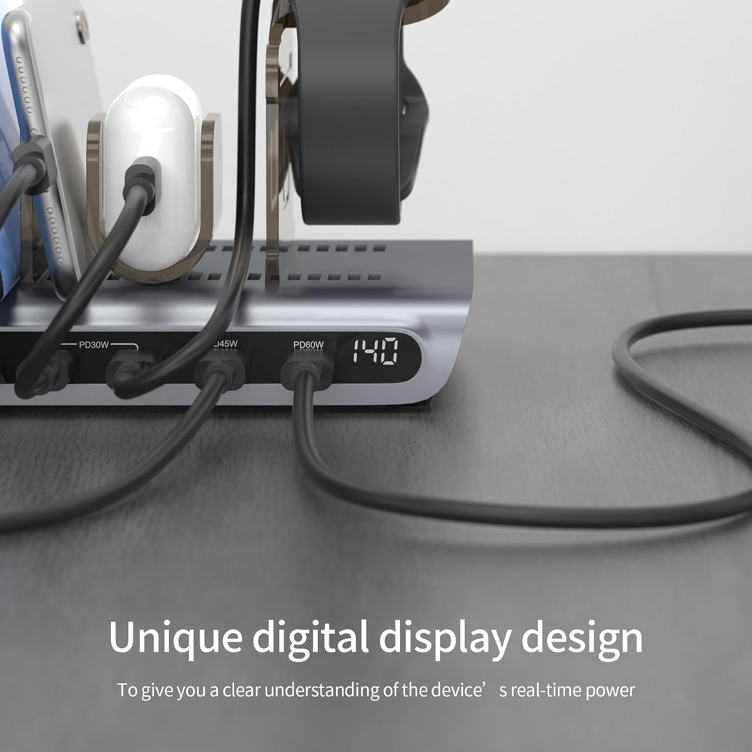 Unitek Charging Station for Multiple Devices - 140W USB C Fast Charging Stand with Digital Display for Laptop iPad iPhone Charging Dock with Smartwatch & Airpods Holder