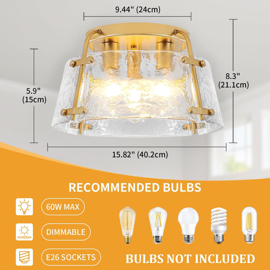 Gold Semi Flush Mount Ceiling Light, Modern Hallway Light Fixtures with Thick Hammered Glass, 3-Light Kitchen Ceiling Lights for Entryway Bedroom Foyer Laundry Bathroom Dining Room