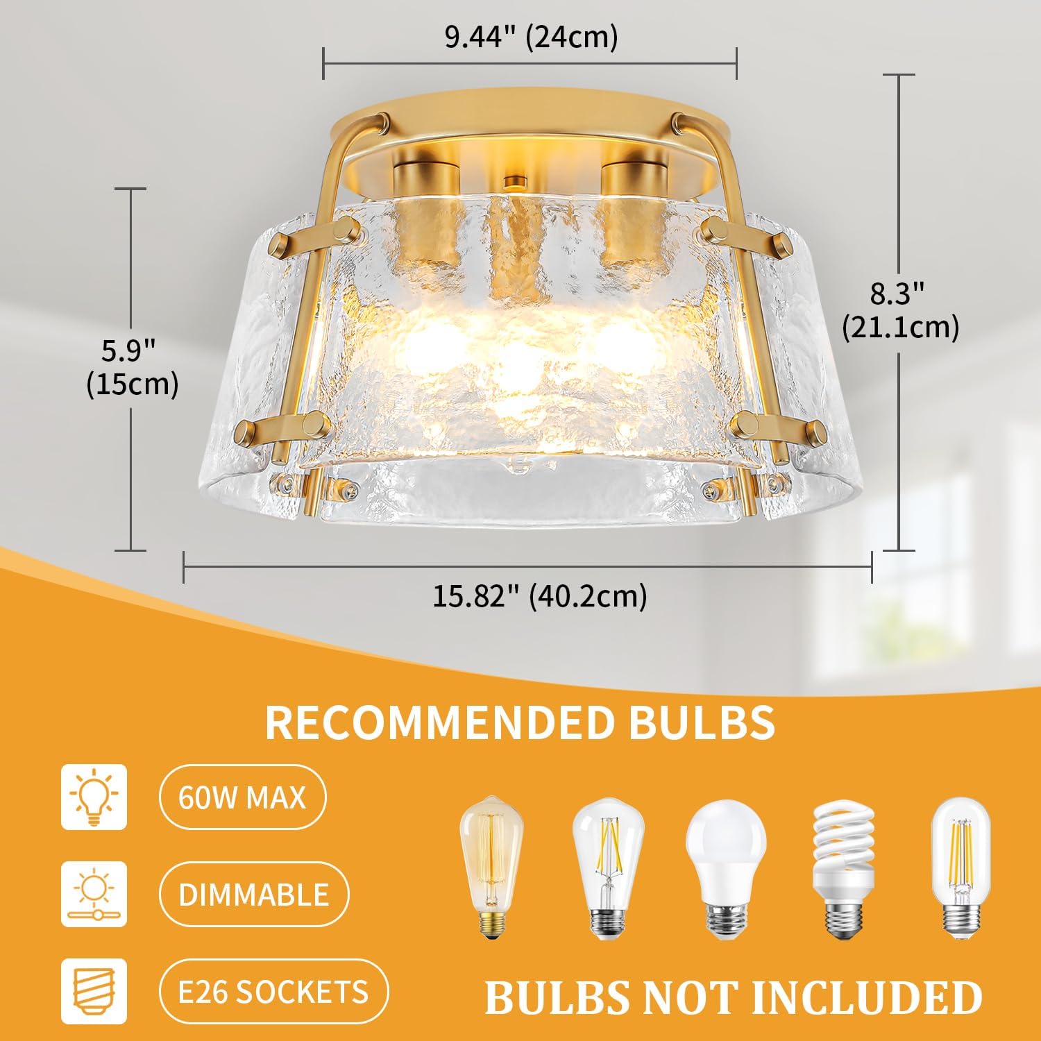 Gold Semi Flush Mount Ceiling Light, Modern Hallway Light Fixtures with Thick Hammered Glass, 3-Light Kitchen Ceiling Lights for Entryway Bedroom Foyer Laundry Bathroom Dining Room