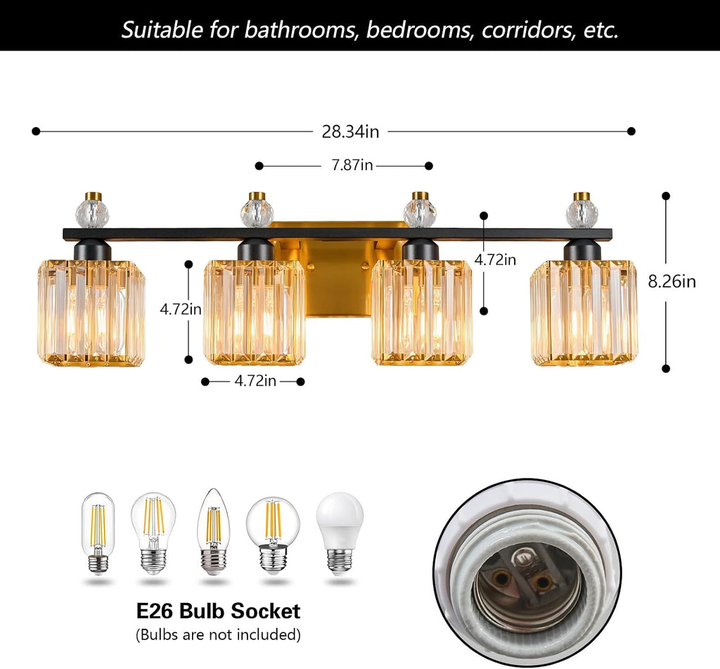 Vanity Lights 4-Light Modern Crystal Vanity Light Black Gold Bathroom Light Fixtures Over Mirror Crystal Bathroom Vanity Lighting Fixtures