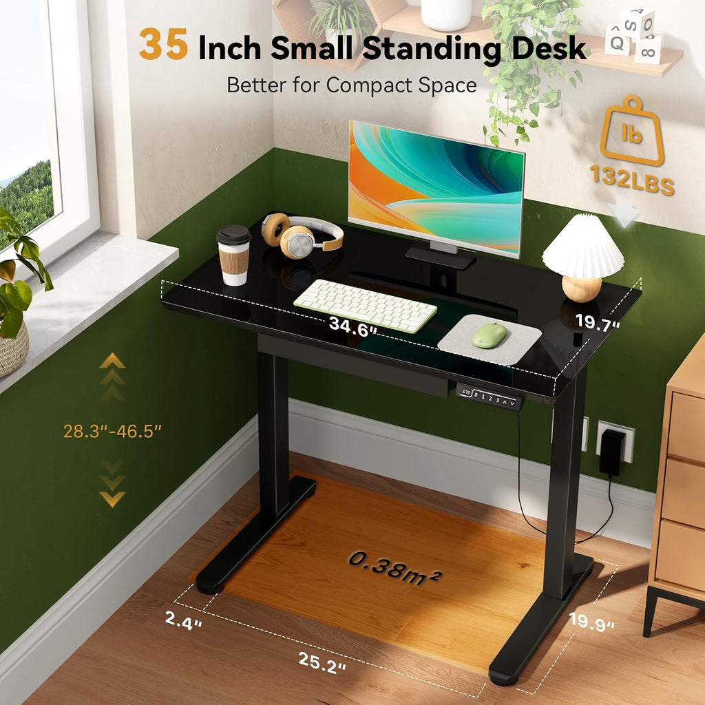Gibbon Mounts Glass Standing Desk with Drawer, Electric Sit Stand Desk with Wheels, 35×20Inch Whole Piece Height Adjustable Rising Table, Small Computer Workstation, Black