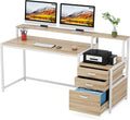 LITTLE TREE 63 Inch Computer Desk with File Drawer Cabinet, Home Office Desks with Ergonomic Monitor Stand