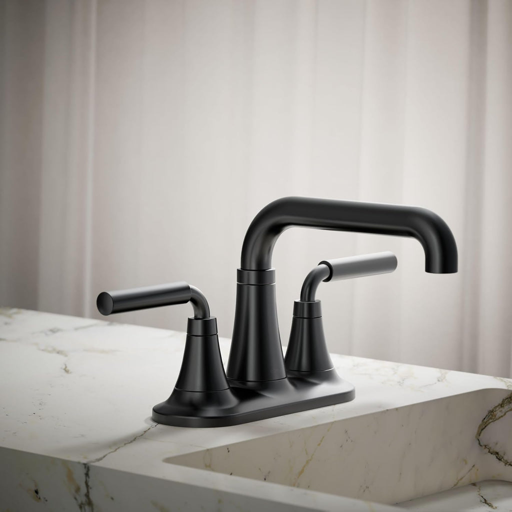 KOHLER K-27414-4-BL Tone™ Centerset Bathroom Sink Faucet, Clicker Drain, Bathroom Faucets, 1.2 GPM, Matte Black