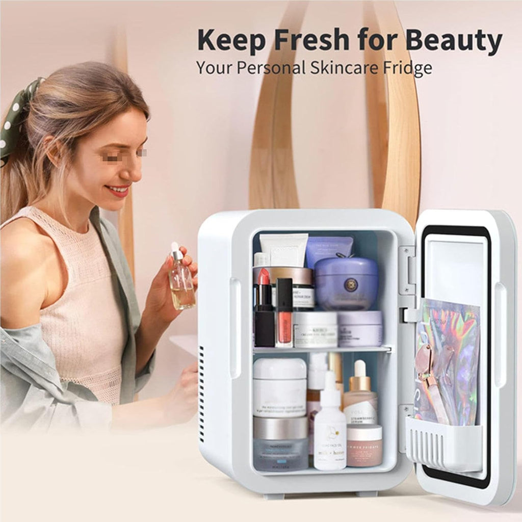 Mini Skincare Fridge (6 Liter/8 Can) with 12V DC 110～220 V AC Cooler and Warmer for Refrigerating Make Up Skin Care and Food Portable Mini Fridge for Bedroom Office and Car,Black