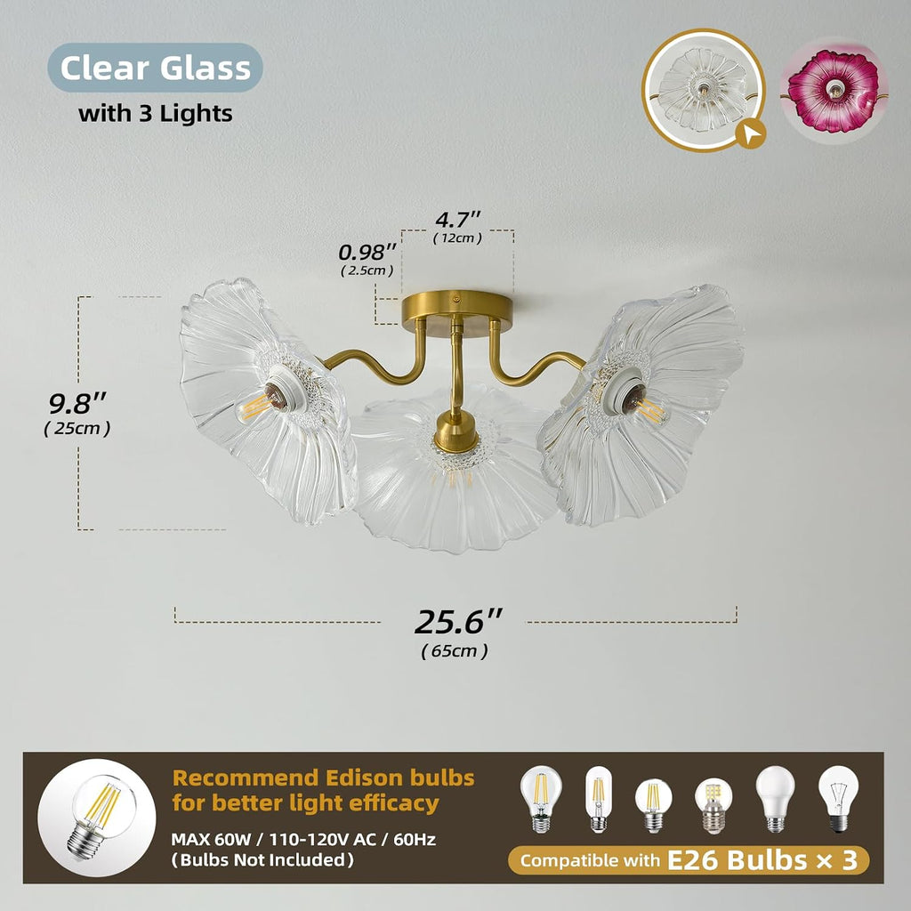 Flower Glass 3 Lights Ceiling Light - Gold Vintage Floral Semi Flush Mount Chandelier Lighting Fixtures - Mid Century Modern Art Deco Lamps for Bedroom Bathroom Hallway Foyer Hall Kitchen Living Room