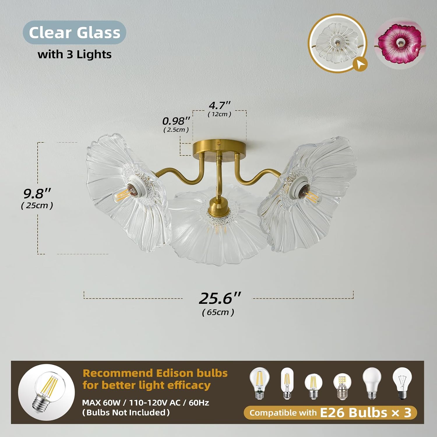 Flower Glass 3 Lights Ceiling Light - Gold Vintage Floral Semi Flush Mount Chandelier Lighting Fixtures - Mid Century Modern Art Deco Lamps for Bedroom Bathroom Hallway Foyer Hall Kitchen Living Room