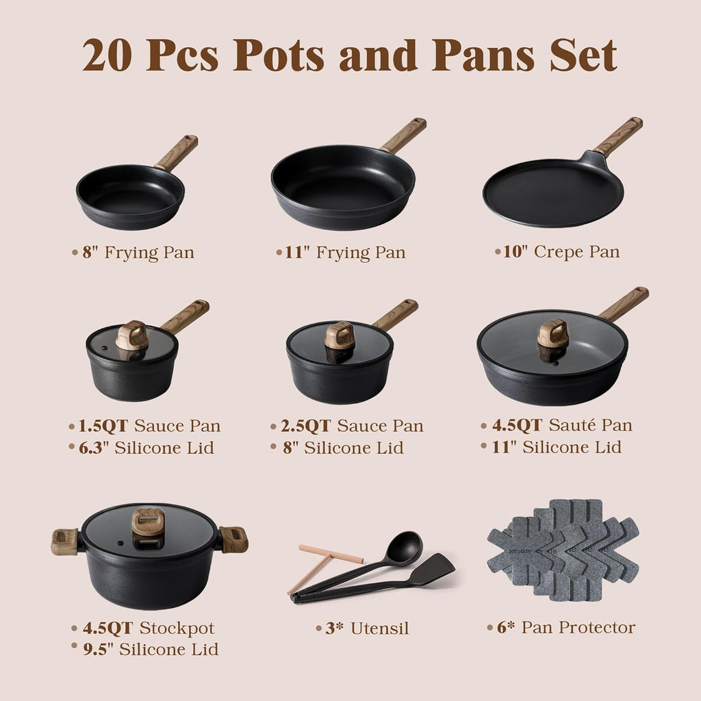 SENSARTE 20Pcs Nonstick Pots and Pans Set, Black Non Stick Cookware Set, Healthy Kitchen Cooking Set, Induction Compatible, Dishwasher Safe, PFOA/PFOS Free