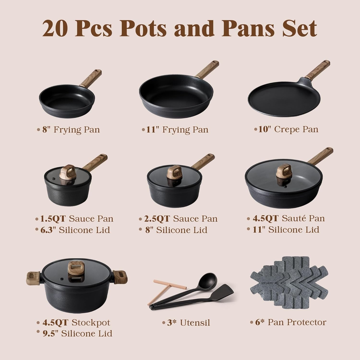 SENSARTE 20Pcs Nonstick Pots and Pans Set, Black Non Stick Cookware Set, Healthy Kitchen Cooking Set, Induction Compatible, Dishwasher Safe, PFOA/PFOS Free