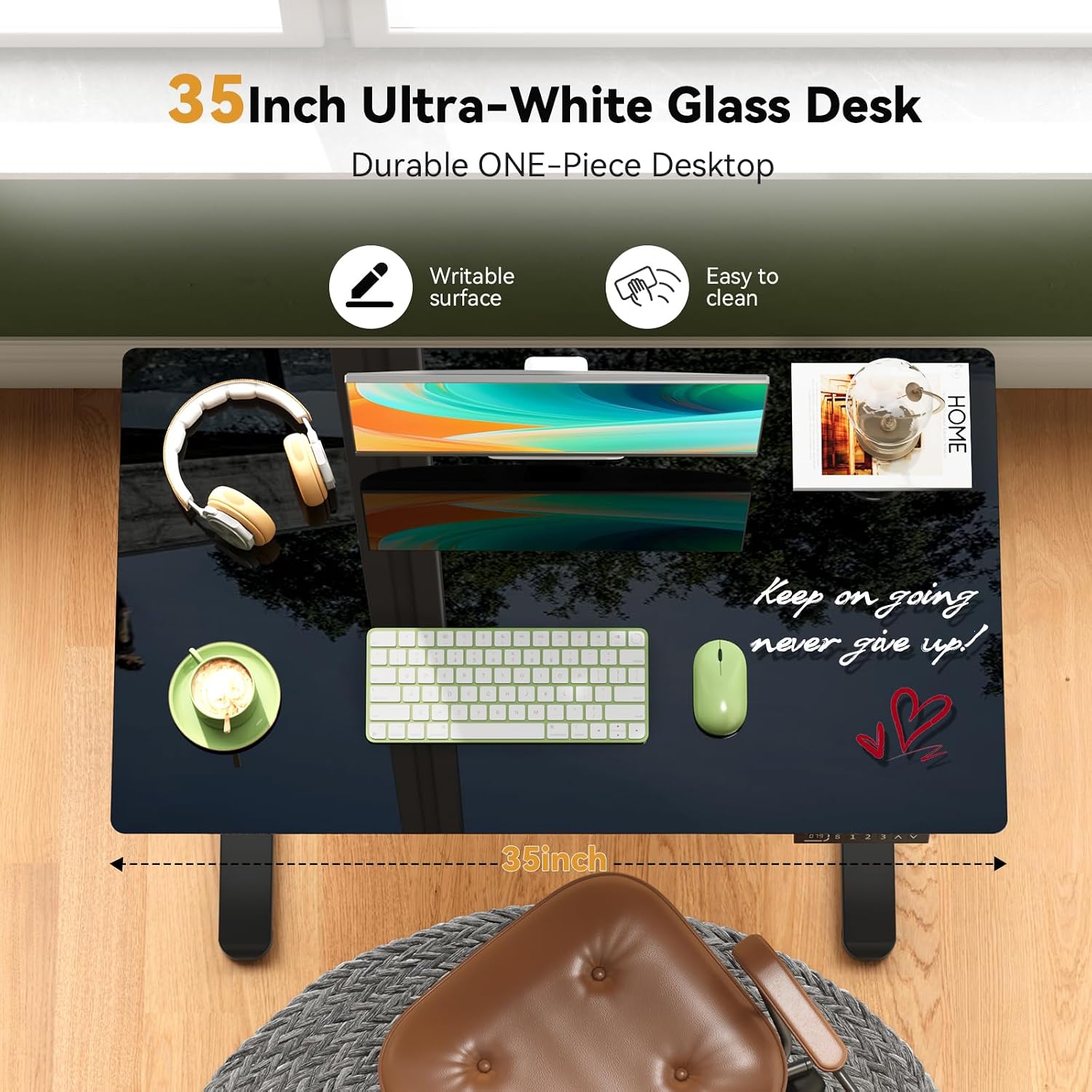 Gibbon Mounts Glass Standing Desk with Drawer, Electric Sit Stand Desk with Wheels, 35×20Inch Whole Piece Height Adjustable Rising Table, Small Computer Workstation, Black