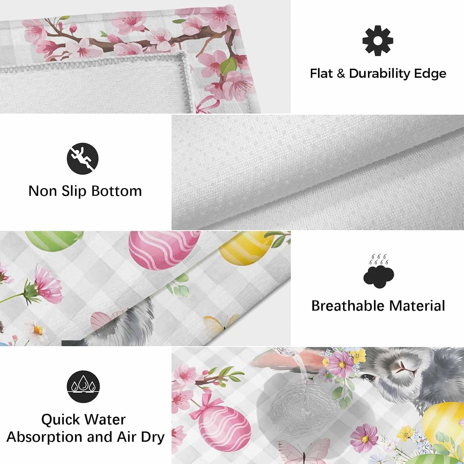 Grey Easter Bunny Outdoor Rug for Patio/Deck/Porch, Non-Slip Large Area Rug 6 x 9 Ft, Spring Colorful Eggs Flower Branch Plaid Indoor Outdoor Rugs Washable Area Rugs, Camping Rug Carpet Runner