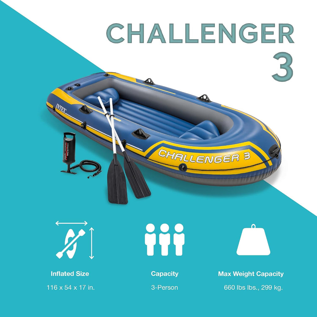 INTEX 68370EP Challenger 3 Inflatable Boat Set: Includes Deluxe 48in Boat Oars and High-Output Pump – Triple Air Chambers – Welded Oar Locks – 3 Person – 660lb Weight Capacity