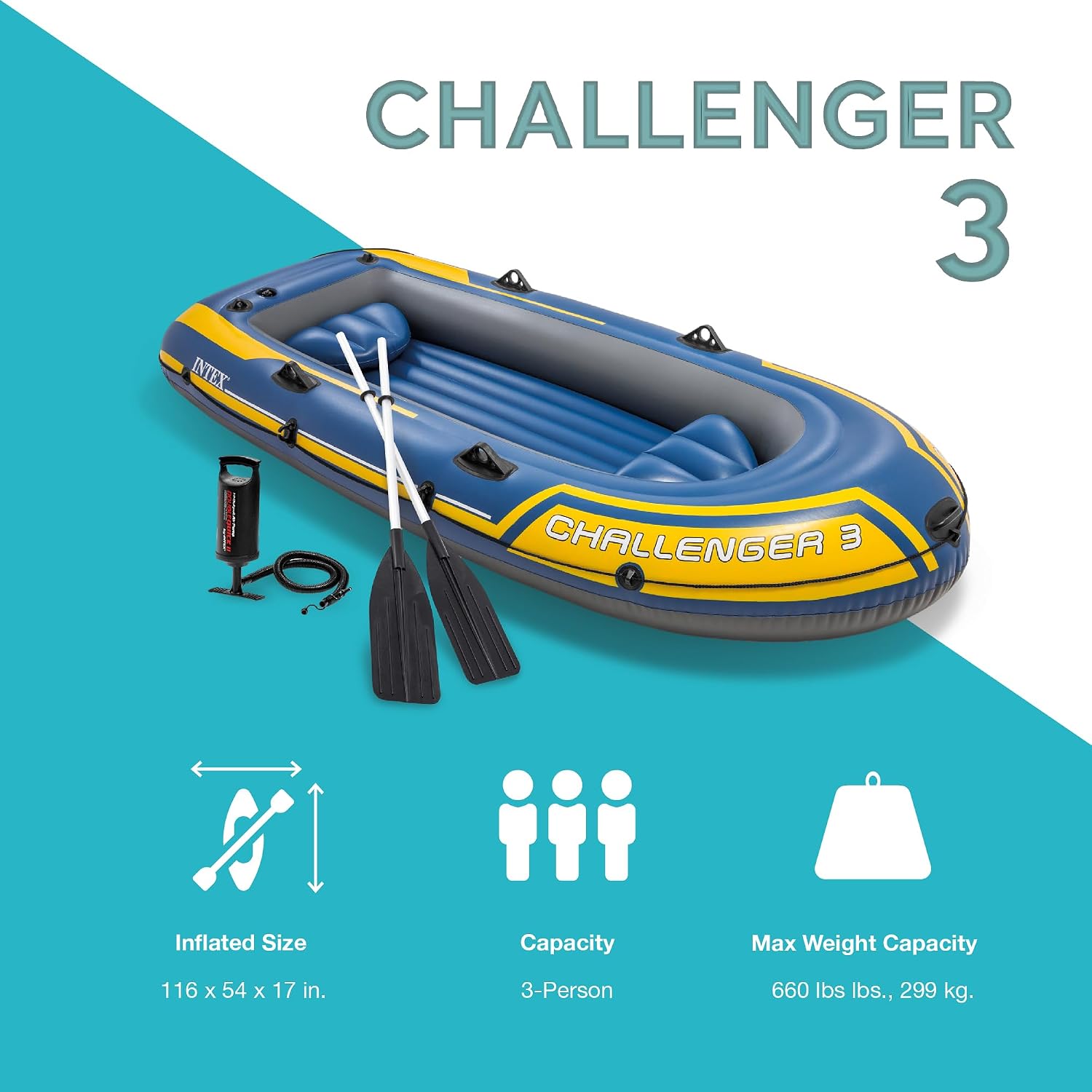 INTEX 68370EP Challenger 3 Inflatable Boat Set: Includes Deluxe 48in Boat Oars and High-Output Pump – Triple Air Chambers – Welded Oar Locks – 3 Person – 660lb Weight Capacity