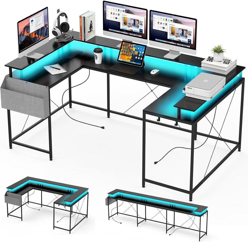 u Shaped Desk with Power Outlets & LED Lights, 79' Extra Large Reversible Corner Office Desk, Monitor Stand & Storage Shelves, Corner Computer Table Office Table with Full Monitor Stand
