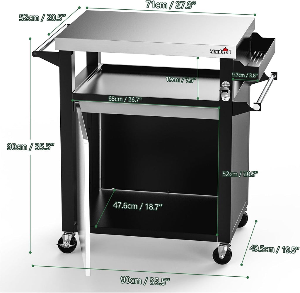Stanbroil Rolling Grill Table Cart with Storage Cabinet, 3-Shelf Movable Prep Table Outdoor Bar, Multifunctional Grill Cart with Stainless Steel Tabletop, Paper Towel Holder
