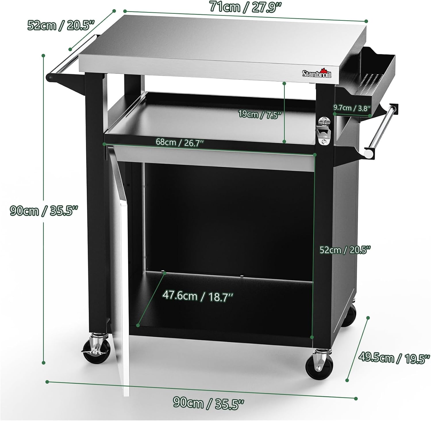 Stanbroil Rolling Grill Table Cart with Storage Cabinet, 3-Shelf Movable Prep Table Outdoor Bar, Multifunctional Grill Cart with Stainless Steel Tabletop, Paper Towel Holder