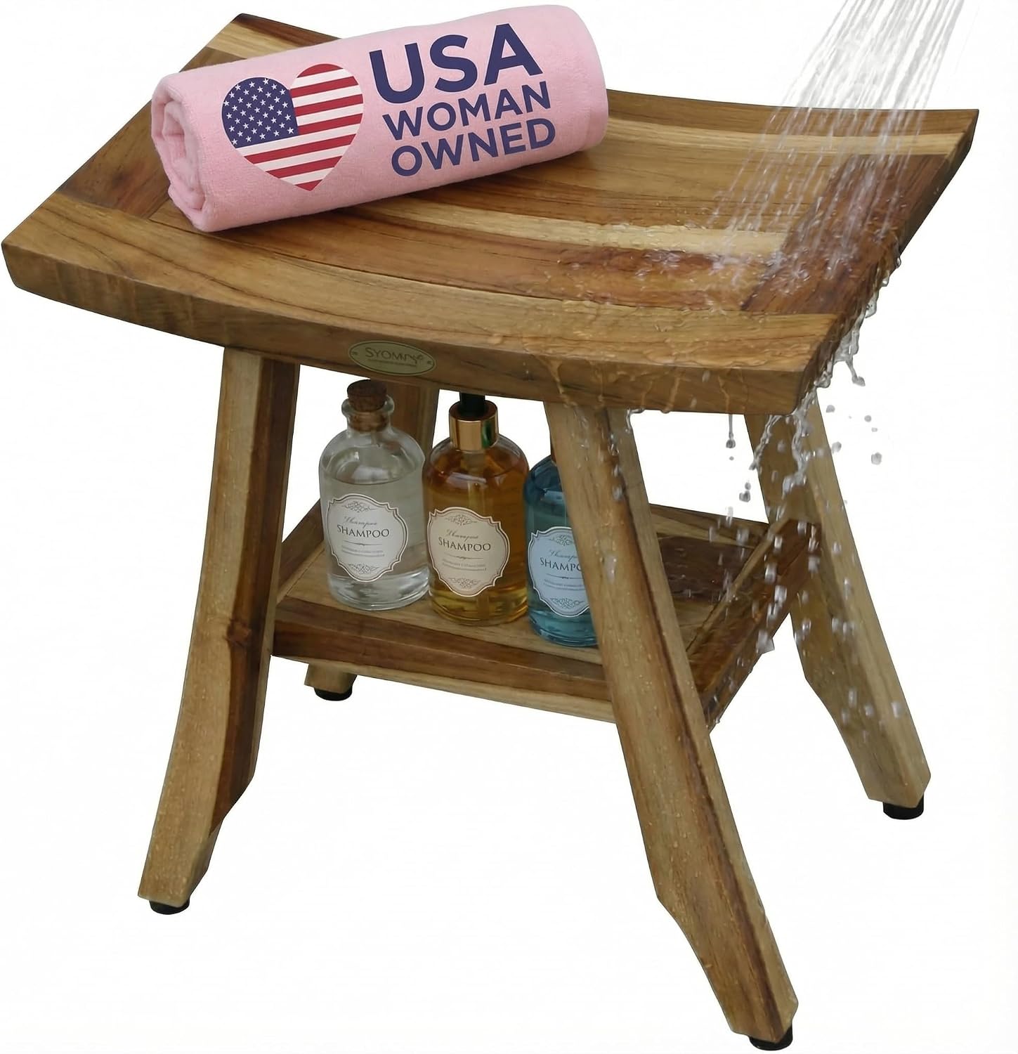 EcoDecors 18' Satori Teak Shower Bench –Compact Bath Seat, Natural Wood Finish Water-Resistant Spa Bench | Slatted Design & Adjustable Feet for Indoor Outdoor Use | Storage Shelf