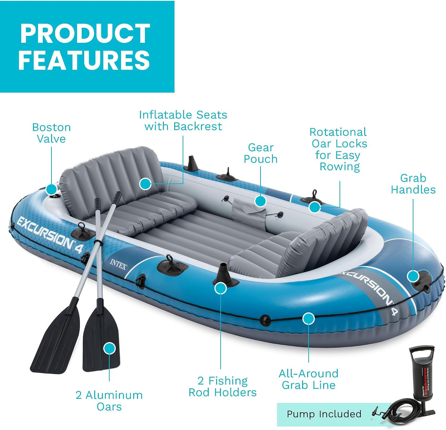 INTEX 66324EP Excursion 4 Inflatable Boat Set: Includes Deluxe 54in Aluminum Oars and High-Output Pump – Adjustable Seats with Backrest – Fishing Rod Holders – 4-Person – 1100lb Weight Capacity
