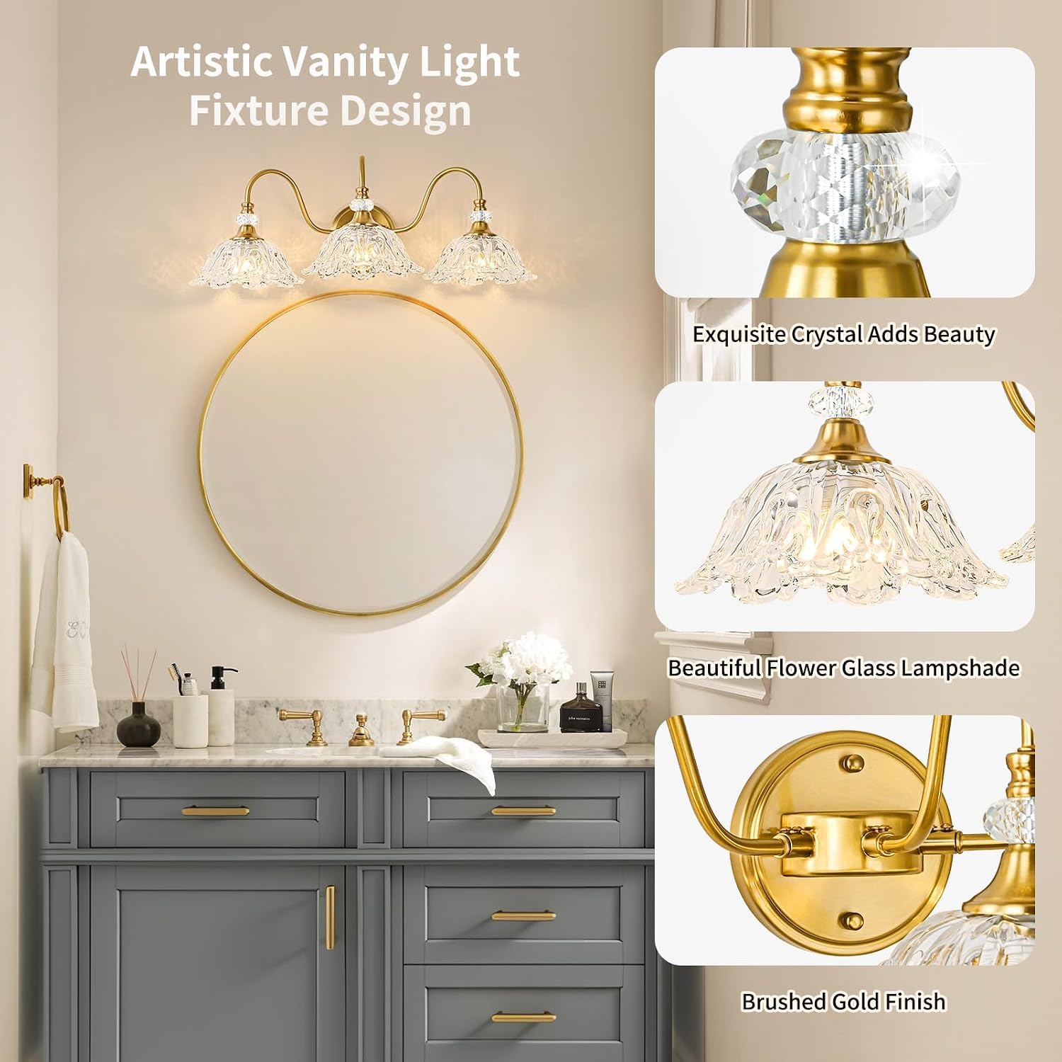 Gold Bathroom Vanity Light, 3-Light Brushed Gold Finish Vanity Light with Floral Clear Glass Shades, Retro Wall Mount Lighting for Bathroom, Dressing Table