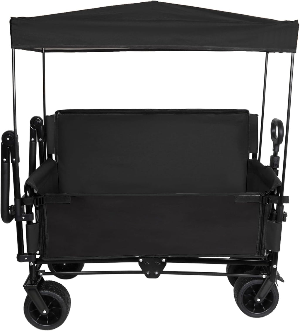 ZeHuoGe 3-in-1 Folding Wagon Cart with Bench Seat & Canopy & Storage, 500lbs Heavy-Duty, 180L Capacity, All-Terrain Wagon for Camping, Beach, Sports, & Garden (Black)