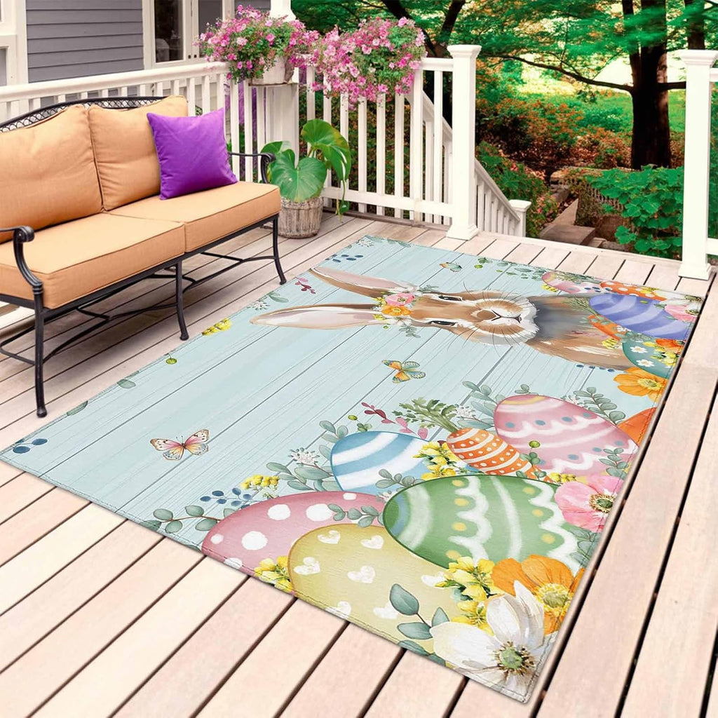 Easter Bunny Outdoor Rug for Patio/Deck/Porch, Non-Slip Large Area Rug 4 x 6 Ft, Colorful Easter Eggs Eucalyptus Teal Wooden Indoor Outdoor Rugs Washable Area Rugs, Camping Rug Carpet Runner