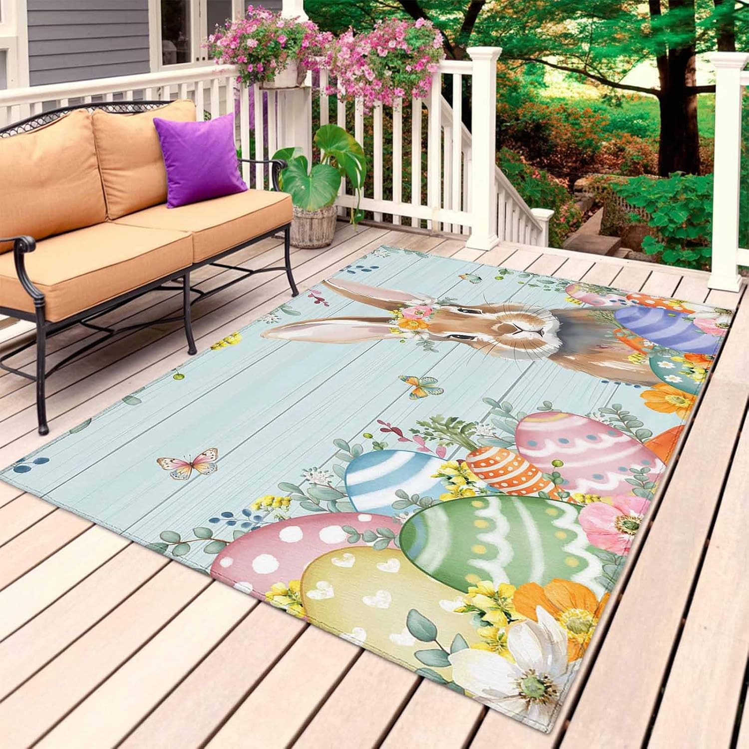 Easter Bunny Outdoor Rug for Patio/Deck/Porch, Non-Slip Large Area Rug 4 x 6 Ft, Colorful Easter Eggs Eucalyptus Teal Wooden Indoor Outdoor Rugs Washable Area Rugs, Camping Rug Carpet Runner