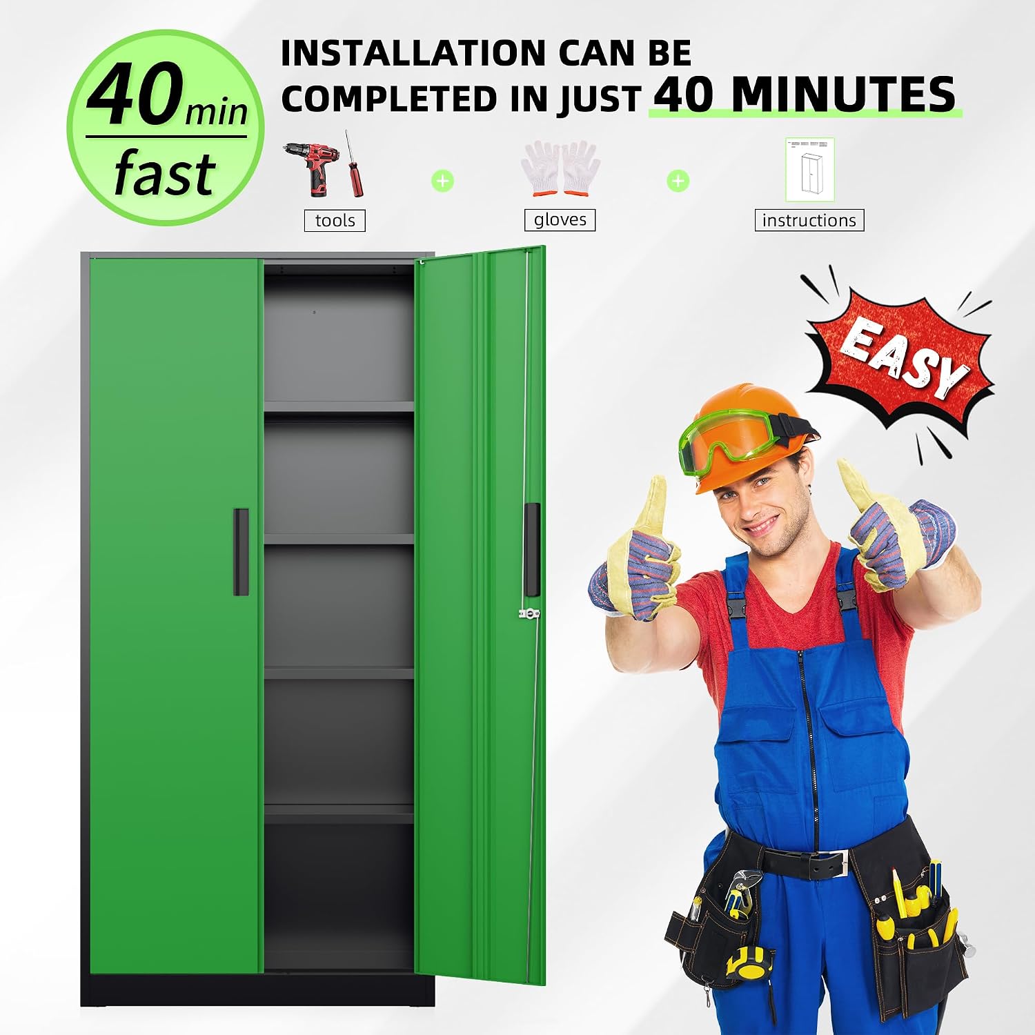 Bonusall 72' Metal Garage Storage Cabinet, 2 Locking Doors & 4 Adjustable Shelves Tall Storage, Heavy Duty Steel Tool Cabinet for Home, Office, Warehouse, School (Black Green)