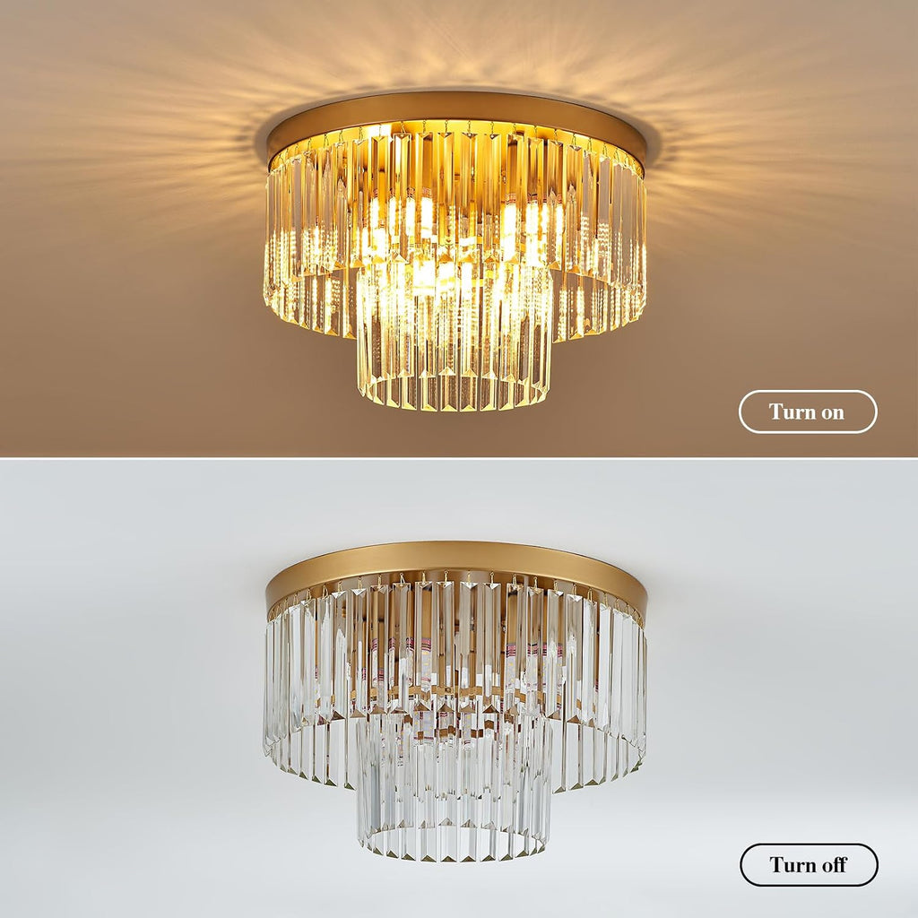 17' Gold Crystal Ceiling Light 9-Light Modern Crystal Light Fixture 2-Tier Luxury K9 Crystal Ceiling Light,for Dining Room Kitchen Island Living Room Bedroom