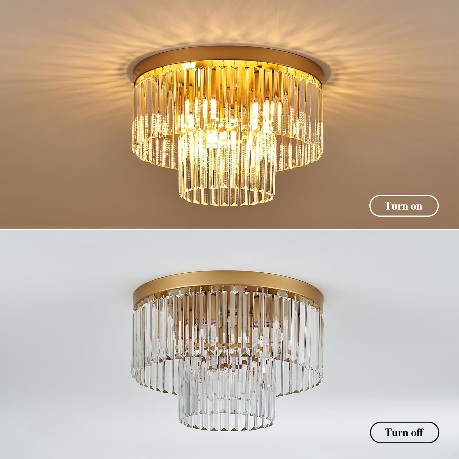 17' Gold Crystal Ceiling Light 9-Light Modern Crystal Light Fixture 2-Tier Luxury K9 Crystal Ceiling Light,for Dining Room Kitchen Island Living Room Bedroom