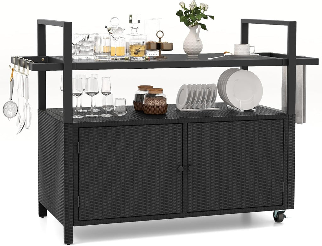 Tangkula Outdoor Bar Cart Table, Patiojoy Rolling Wicker Buffet Wheeled Serving Cart with Tempered Glass Top, Storage Cabinet & 8 Hooks, for Porch Backyard Garden Poolside (Black)