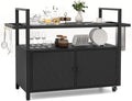 Tangkula Outdoor Bar Cart Table, Patiojoy Rolling Wicker Buffet Wheeled Serving Cart with Tempered Glass Top, Storage Cabinet & 8 Hooks, for Porch Backyard Garden Poolside (Black)
