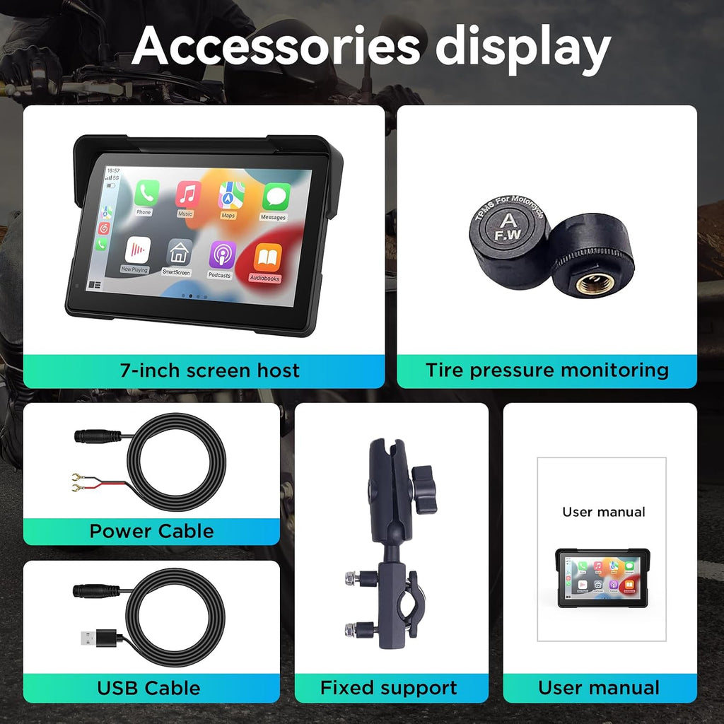 Wireless Motorcycle Apple Carplay,7 Inch Portable Motor GPS Navigation with Apple Carplay & Android Auto,Siri & Google Assistant, Anti-Glare/Bluetooth 5.2/TMPS/Voice Control/ IP69K Waterproof