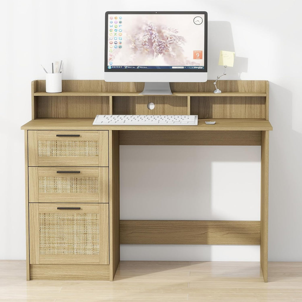 FUNKOCO Computer Desk with Rattan Drawers and Hutch - 47 Inch Home Office Boho Writing Desk with Storage File Drawer & Monitor Stand, Modern Wood Computer Table
