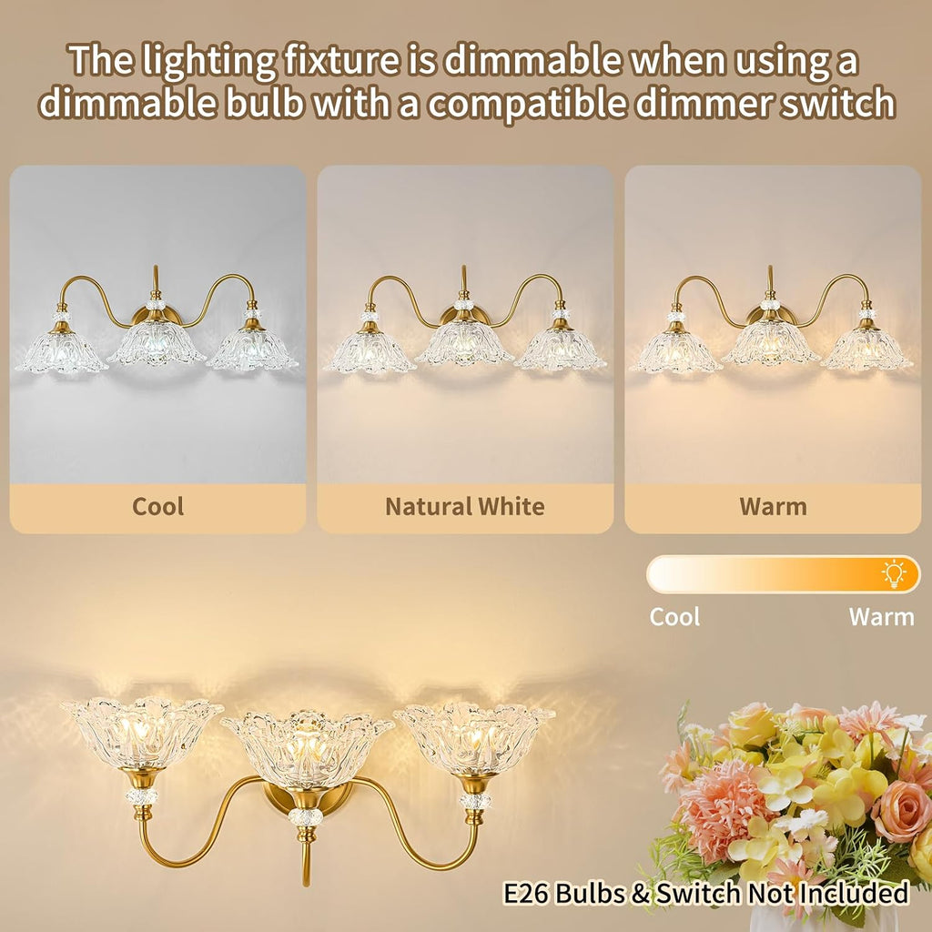 Gold Bathroom Vanity Light, 3-Light Brushed Gold Finish Vanity Light with Floral Clear Glass Shades, Retro Wall Mount Lighting for Bathroom, Dressing Table