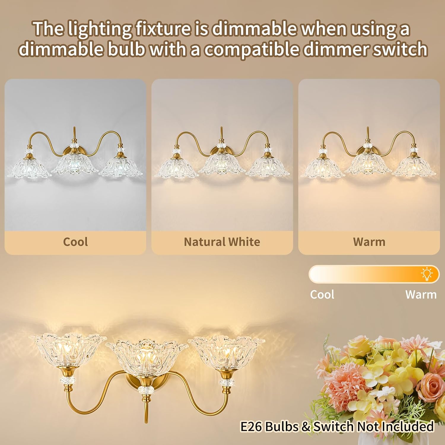 Gold Bathroom Vanity Light, 3-Light Brushed Gold Finish Vanity Light with Floral Clear Glass Shades, Retro Wall Mount Lighting for Bathroom, Dressing Table