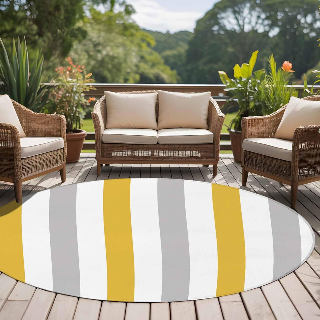 Large Round Rug 7Ft, Orange Grey Striped Living Room Circle Rug Washable Round Area Rug, Geometric Vertical Stripes White Non Slip Indoor Carpet for Entryway Dining Room Bedroom Aesthetic Decor