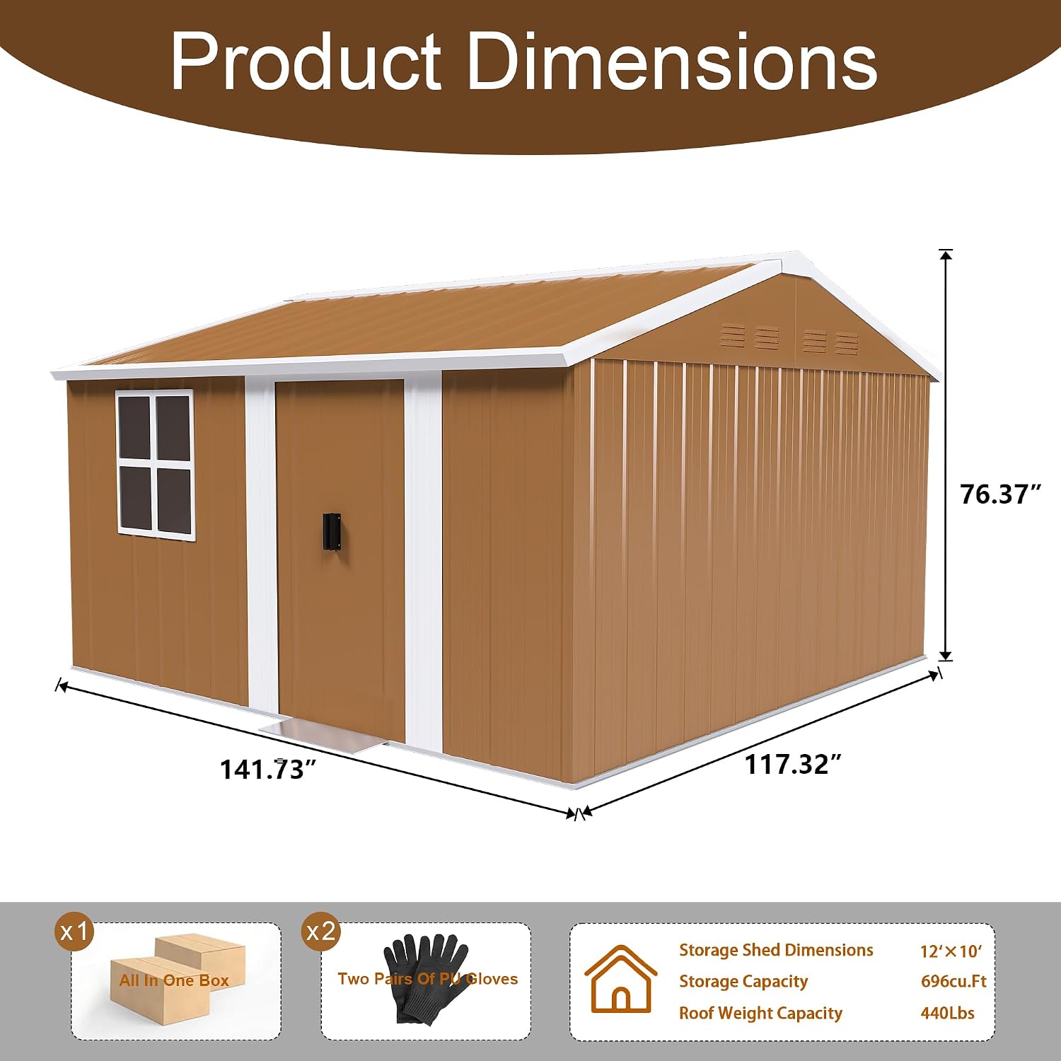 12x10 FT Heavy-Duty Metal Tool Shed with Windows, Lockable Door & Ventilation, Weatherproof Outdoor Garden Storage Shed for Backyard, Lawn, and Tool Organization, Brown
