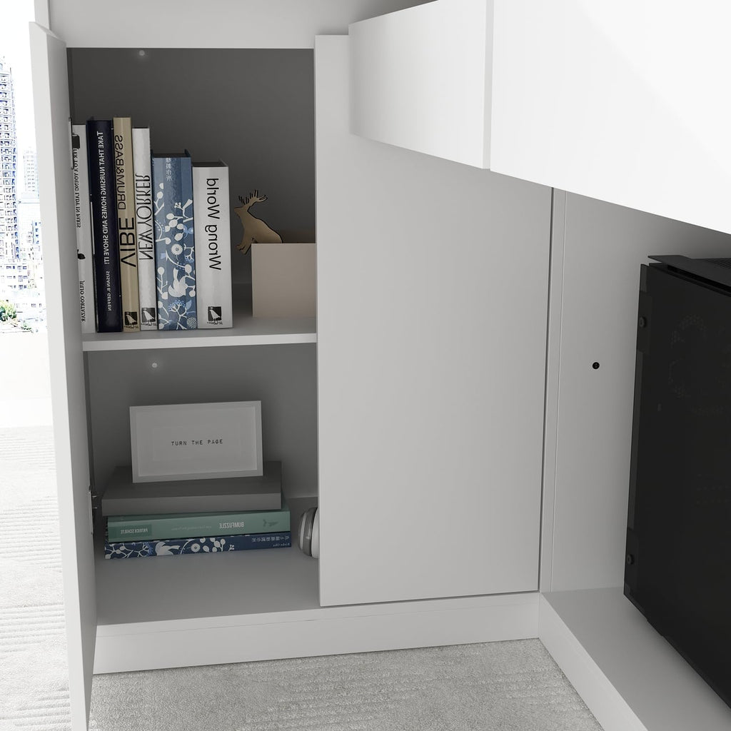ECACAD 70.9' Large L-Shaped Reception Desk with 3 Drawers, 15 Open Shelves, Counter Top & Monitor Stand, Office Desk Reception Counter Table with File Cabinet, White