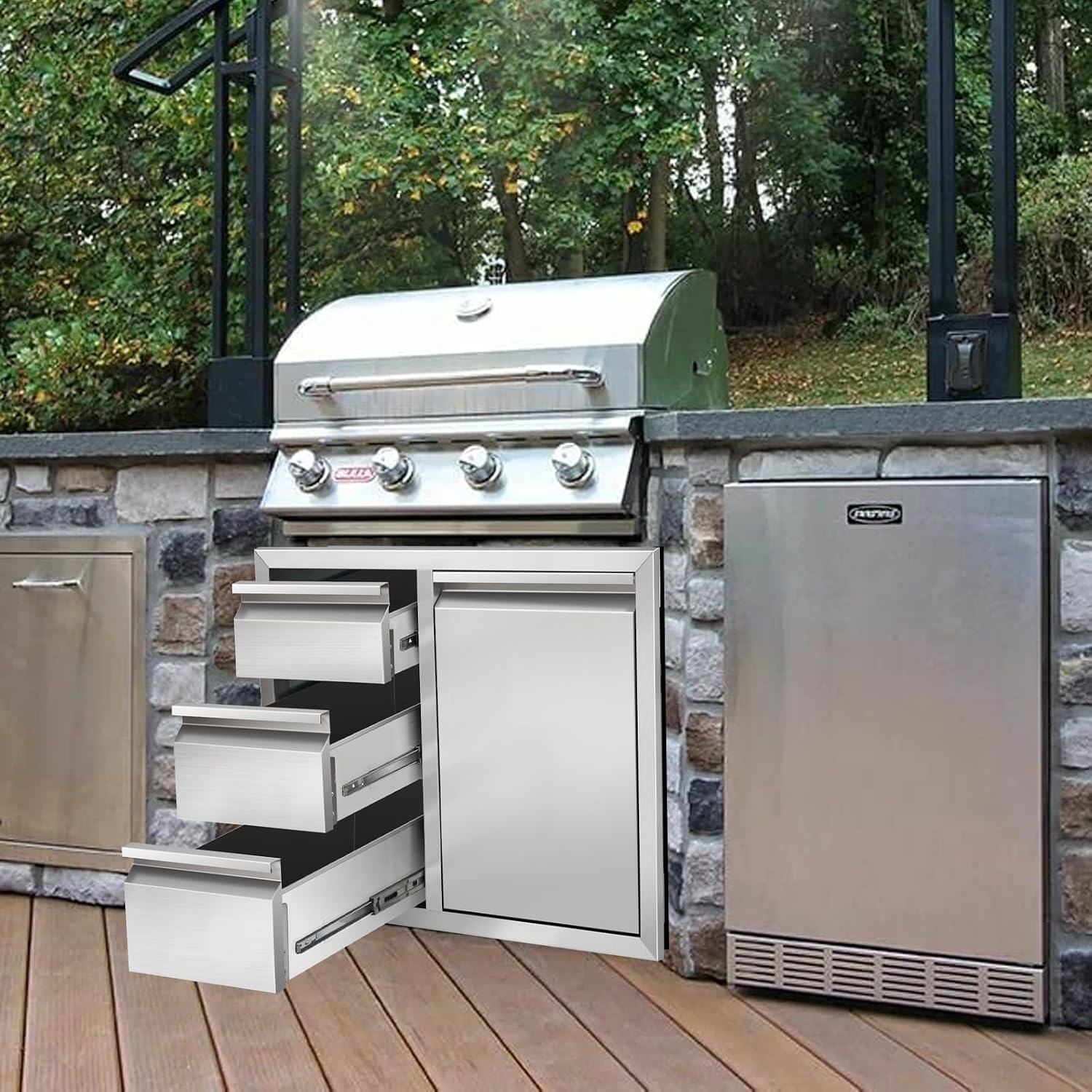 Outdoor Kitchen Drawer Combo, Stainless Steel Triple Drawer Cabinet with Built-in Trash Bin Drawer & Two Trash Cans, 28' W x 22' H x 19.5' D Outdoor Kitchen Storage for BBQ Grill Islands