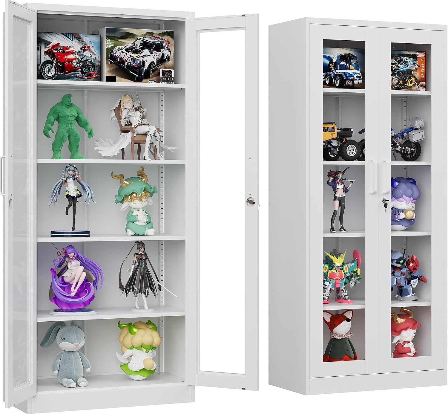 Metal Storage Cabinet with Lock and Glass Doors,71' Tall Glass Display Cabinet,White Storage Cabinets,Locking Curio Cabinets with 5 Shelves for Collectibles,Home,Office,Living Room