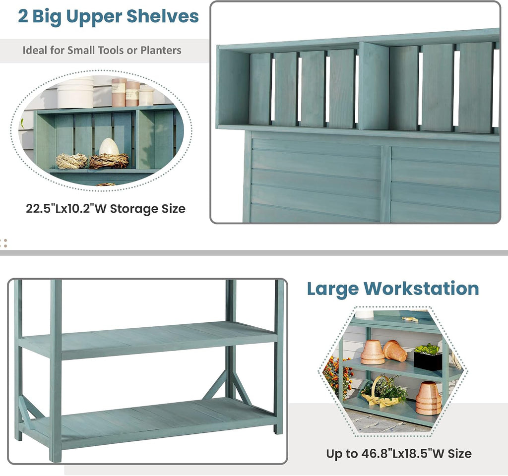 Farmhouse Potting Bench Table with Storage, Outdoor Gardening Tables with Storage Shelves and Side Hooks, Wood Potting Tables for Outside, Garden, Patio, Backyard, Easy Assembly, Green