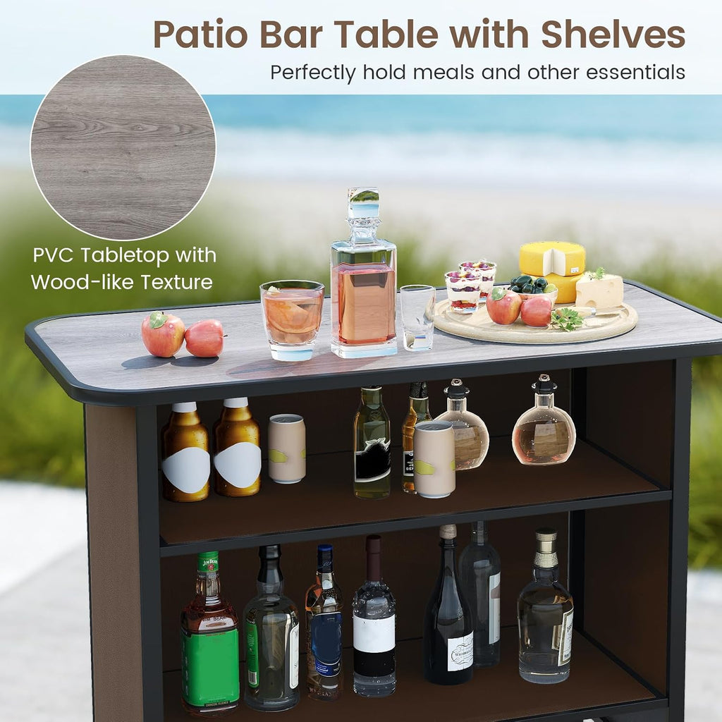 Tangkula 3 Piece Outdoor Bar Set, Patio Bar Height Table & Armchairs with Footrest, Wood Plastic Tabletop & 2-Tier Shelf, Heavy-Duty Metal Barstools & Table Furniture for Backyard, Poolside (Brown)