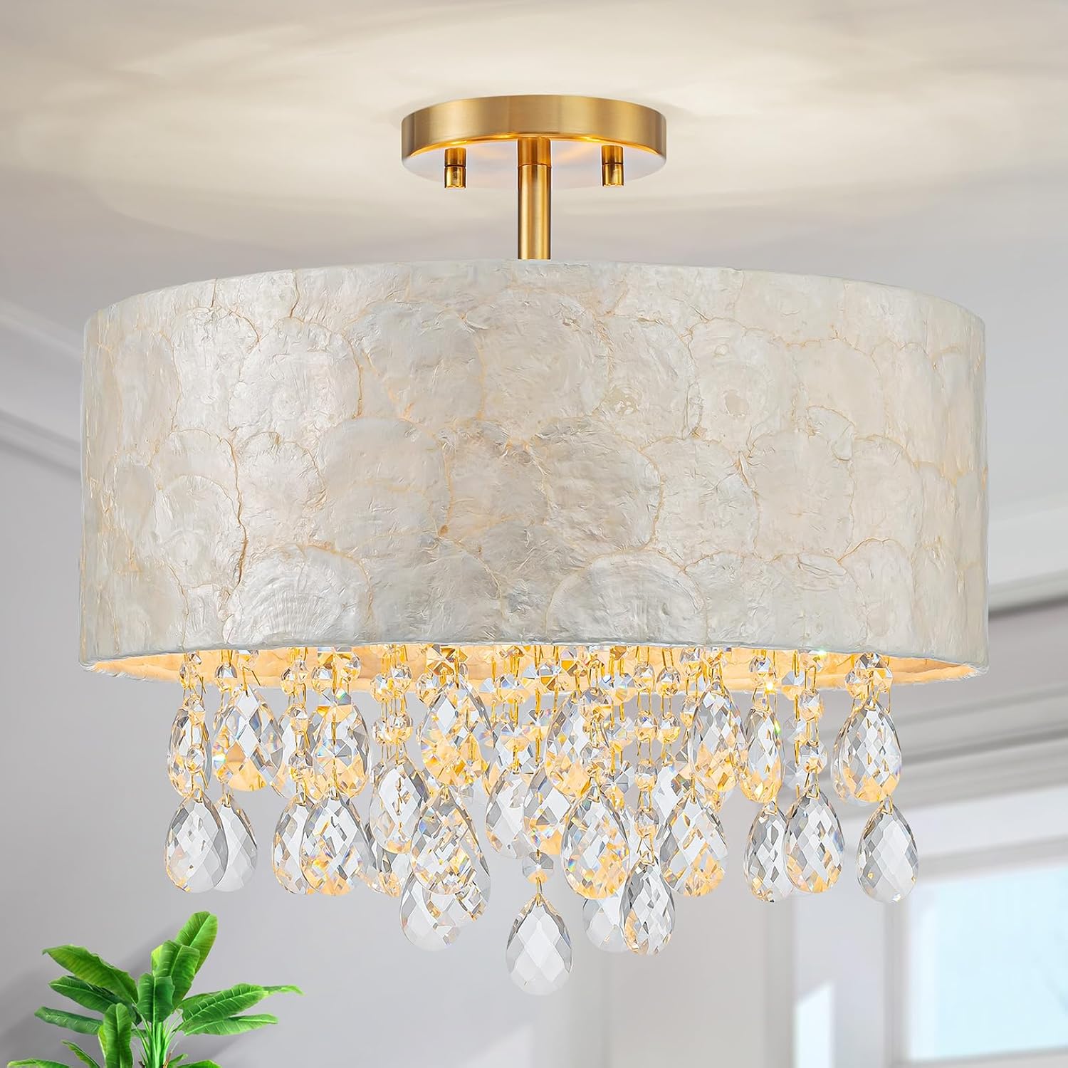 LumFurn D16in Capiz Shell K9 Crystal Drum Chandeliers, 4-Light Coastal Design Semi-Flushmount Ceiling Light Fixture for Dining Room, Kitchen & Bedroom, D16xH16in, Shell Lampshade & Brass Finish