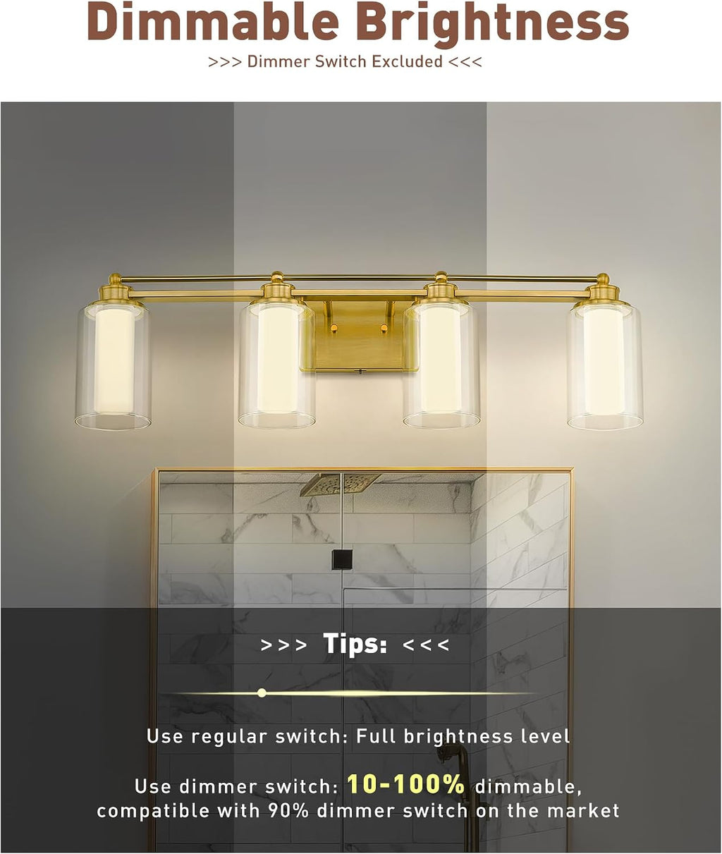 4 Light Bathroom Vanity Light, HWH Brushed Gold Vanity Lights for Bathroom, Brass Gold Wall Light Fixtures Clear Glass, Dimmable LED Vanity Lights for Mirror 24W 5CCT, 5HLT63B-4W-LED BG