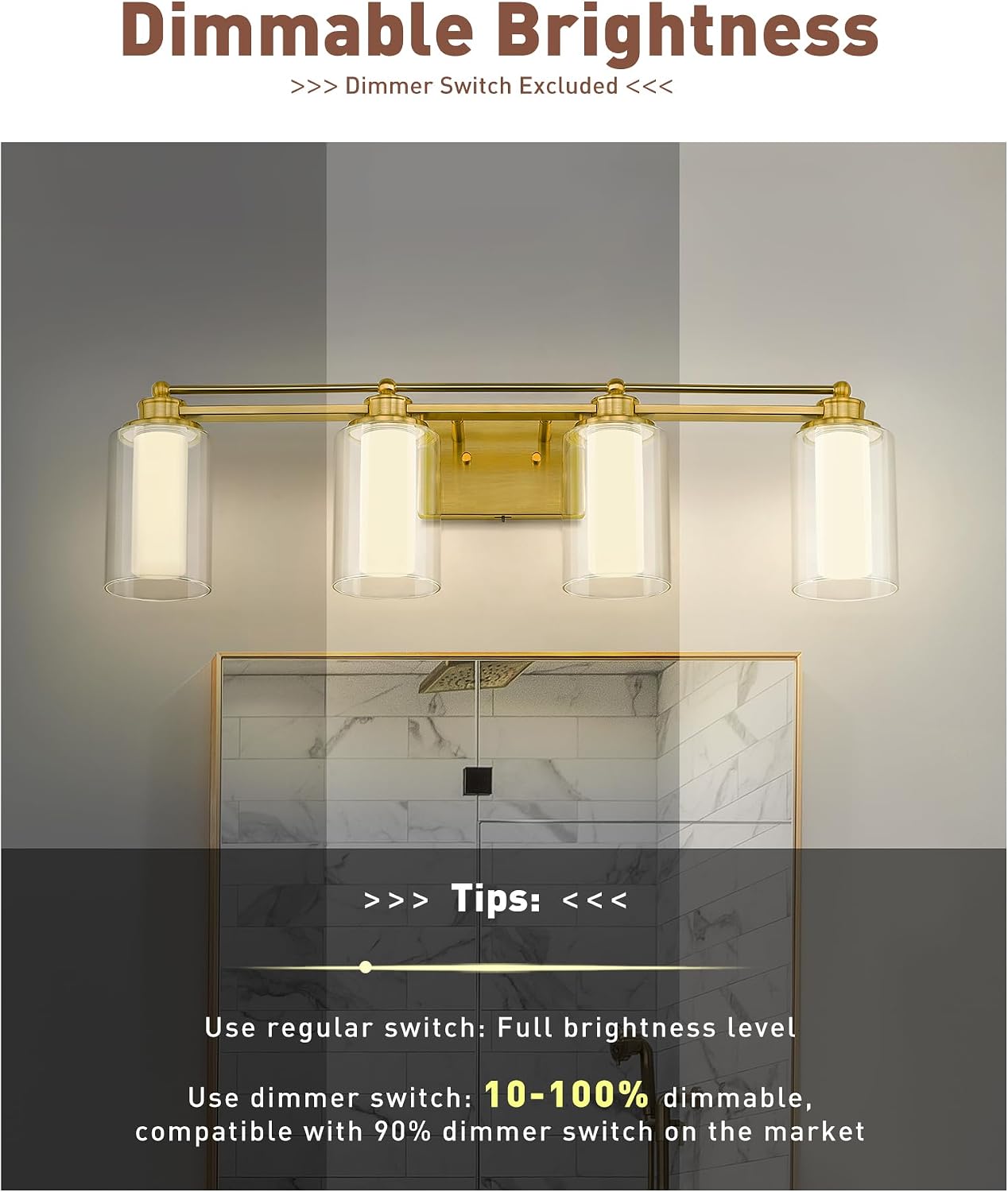 4 Light Bathroom Vanity Light, HWH Brushed Gold Vanity Lights for Bathroom, Brass Gold Wall Light Fixtures Clear Glass, Dimmable LED Vanity Lights for Mirror 24W 5CCT, 5HLT63B-4W-LED BG