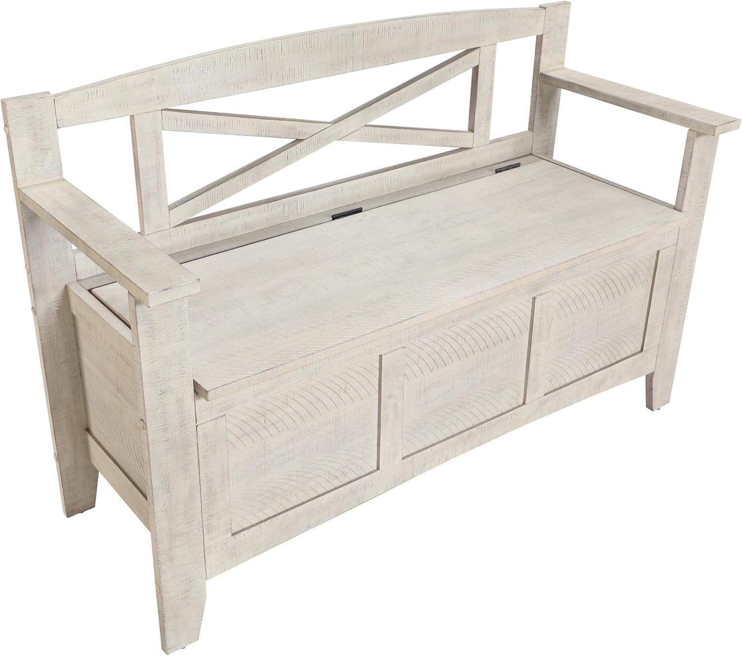 OSP Home Furnishings Metro Entry Way Storage Bench with X-Back, Distressed White Finish