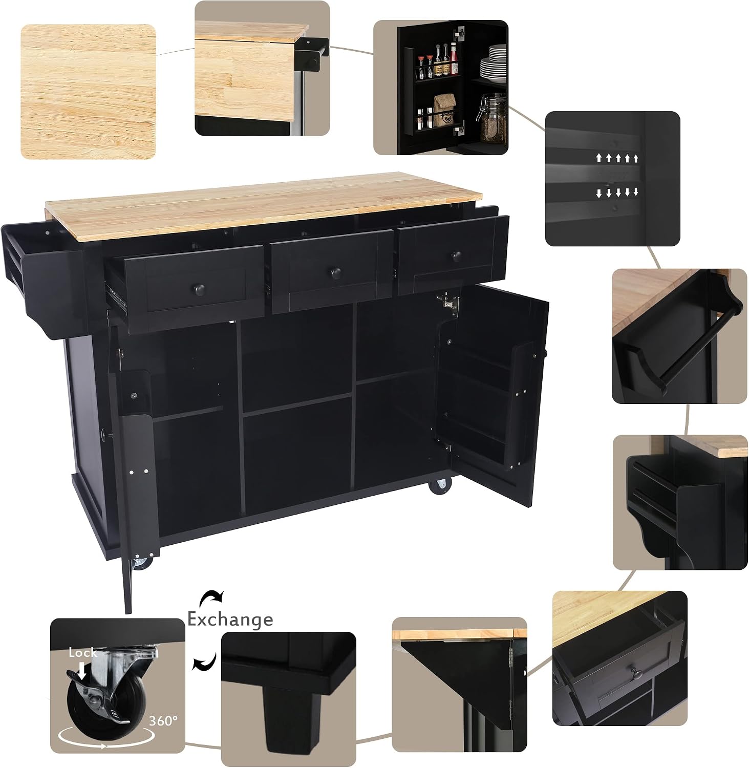 Kitchen Cart with Rubber Wood Drop-Leaf Countertop,Cabinet Door Internal Storage Racks,Kitchen Island on 5 Wheels with Storage Cabinet and 3 Drawers for Dinning Room, Black