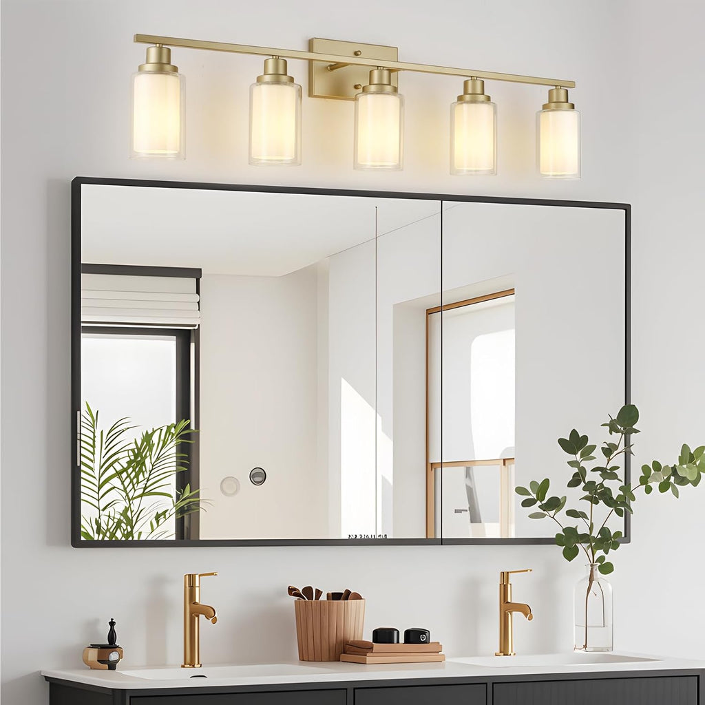 Jonsi Bathroom Vanity Light 5-Light Gold Vanity Lights 40' Bathroom Light Fixtures Over Mirror with Double Clear Glass Modern Wall Sconces for Living Room Hallway Bedroom