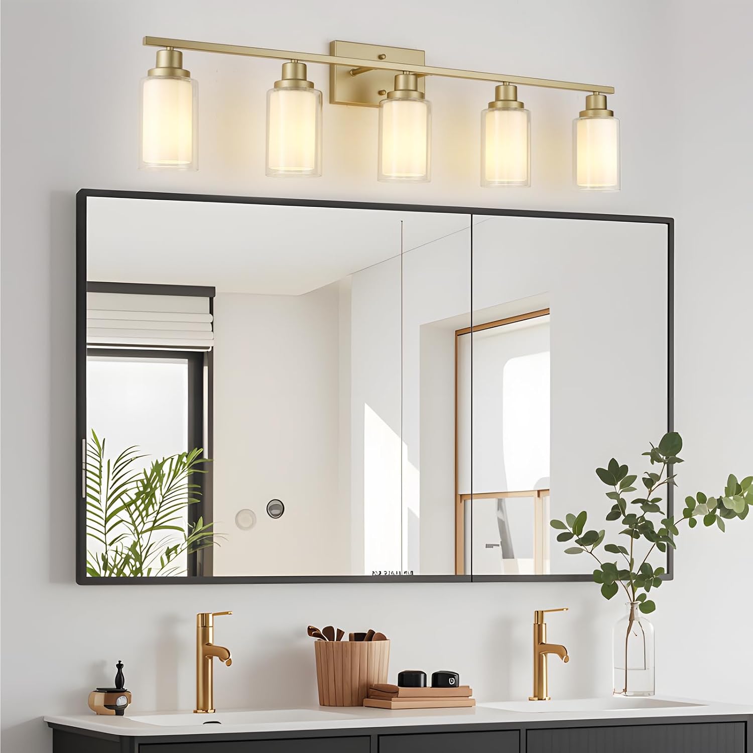 Jonsi Bathroom Vanity Light 5-Light Gold Vanity Lights 40' Bathroom Light Fixtures Over Mirror with Double Clear Glass Modern Wall Sconces for Living Room Hallway Bedroom