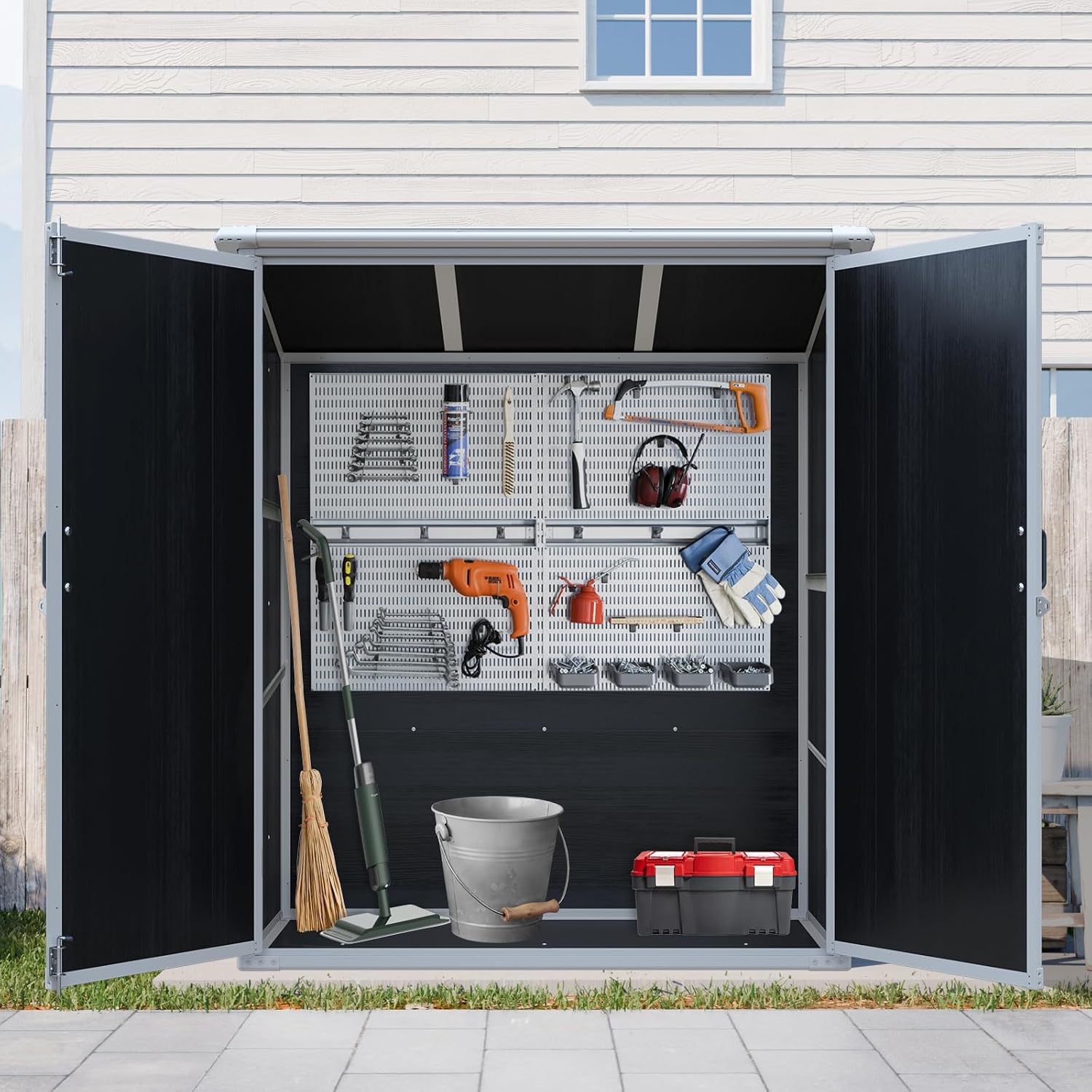 YOPTO 5x3 FT Outdoor Storage Shed,Waterproof Resin Cabinet with Lockable Doors,Storage Sheds House Shelter w/Sloped Roof,Tool House for Storing Bicycles,Lawnmowers,Black