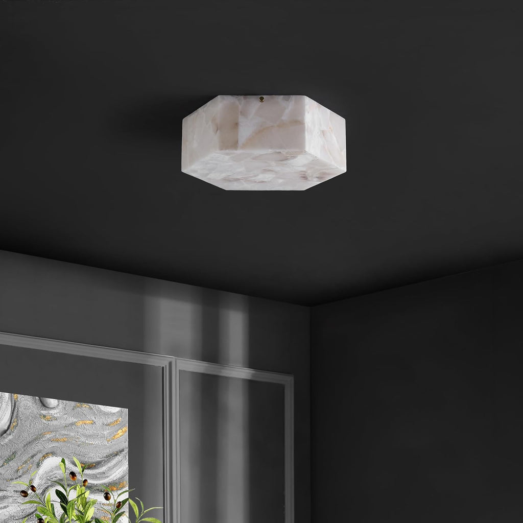 SAFAVIEH Lighting - Iana 2-Light 14-Inch Flush Mount Ceiling Light - White Alabaster & Brass - Contemporary Design - Ideal for Foyer, Hallway, Entryway, Kitchen, Bedroom - LED Bulb Included (FLU4116A)